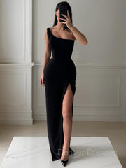 Night Dress, Sheath/Column One-Shoulder Floor-Length Stretch Crepe Prom Dresses With Leg Slit