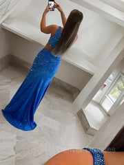 Party Dress With Glitter, Sheath/Column One-Shoulder Sweep Train Jersey Prom Dresses With Leg Slit