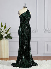Prom Dress Aesthetic, Sheath/Column One-Shoulder Sweep Train Sequins Bridesmaid Dresses