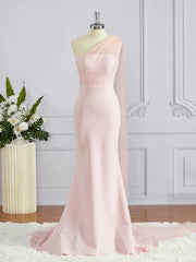 Simple Dress, Sheath/Column One-Shoulder Sweep Train Stretch Crepe Bridesmaid Dresses