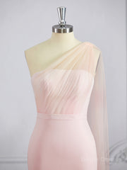 White Prom Dress, Sheath/Column One-Shoulder Sweep Train Stretch Crepe Bridesmaid Dresses