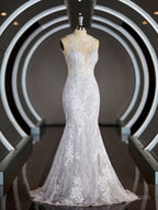 Wedding Dresses Near Me, Sheath/Column Scoop Court Train Lace Wedding Dresses with Appliques Lace