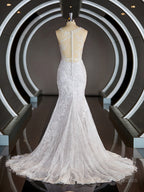 Wedding Dress Near Me, Sheath/Column Scoop Court Train Lace Wedding Dresses with Appliques Lace