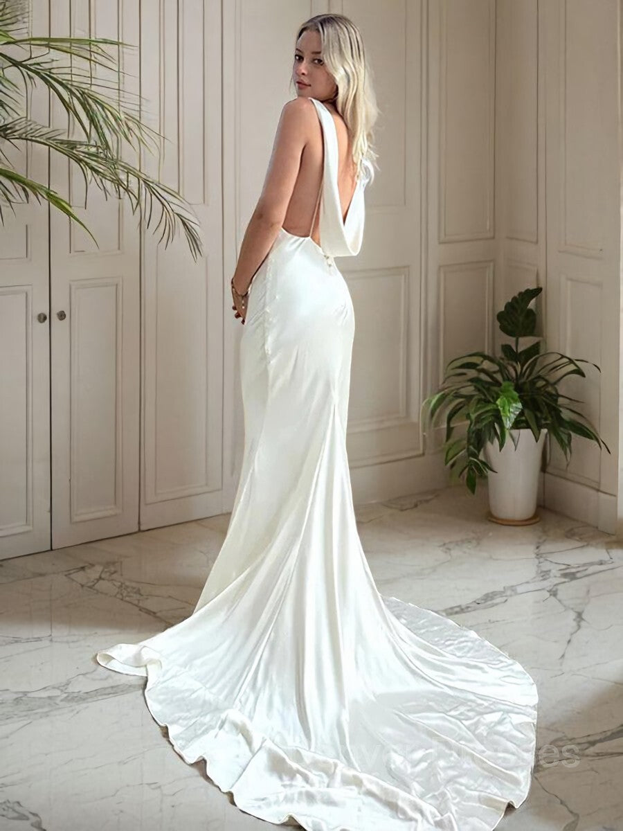 Wedding Dresses With Straps, Sheath/Column Scoop Court Train Silk like Satin Wedding Dresses