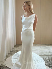 Wedding Dresses Lace Tulle, Sheath/Column Scoop Court Train Silk like Satin Wedding Dresses