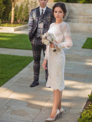 Wedding Dresses Long Sleev, Sheath/Column Scoop Tea-Length Lace Wedding Dress