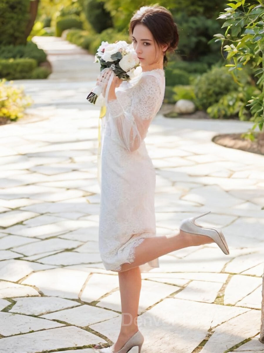 Wedding Dressed Long Sleeve, Sheath/Column Scoop Tea-Length Lace Wedding Dress