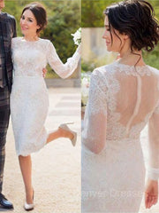 Wedding Dresse Long Sleeve, Sheath/Column Scoop Tea-Length Lace Wedding Dress
