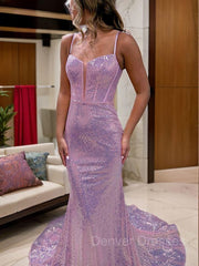 Bridesmaid Dress Online, Sheath/Column Spaghetti Straps Court Train Sequins Prom Dresses