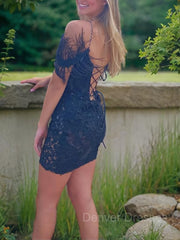 Black Formal Dress, Sheath/Column Spaghetti Straps Short/Mini Lace Applique Homecoming Dresses