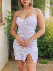Homecoming Dresses For Middle School, Sheath/Column Spaghetti Straps Short/Mini Sequins Homecoming Dresses Appliques Lace