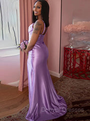 Prom Dresses Beautiful, Sheath/Column Spaghetti Straps Sweep Train Elastic Woven Satin Prom Dresses With Leg Slit