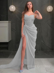 Bridesmaid Dresses Colorful, Sheath/Column Spaghetti Straps Sweep Train Organza Prom Dresses With Leg Slit
