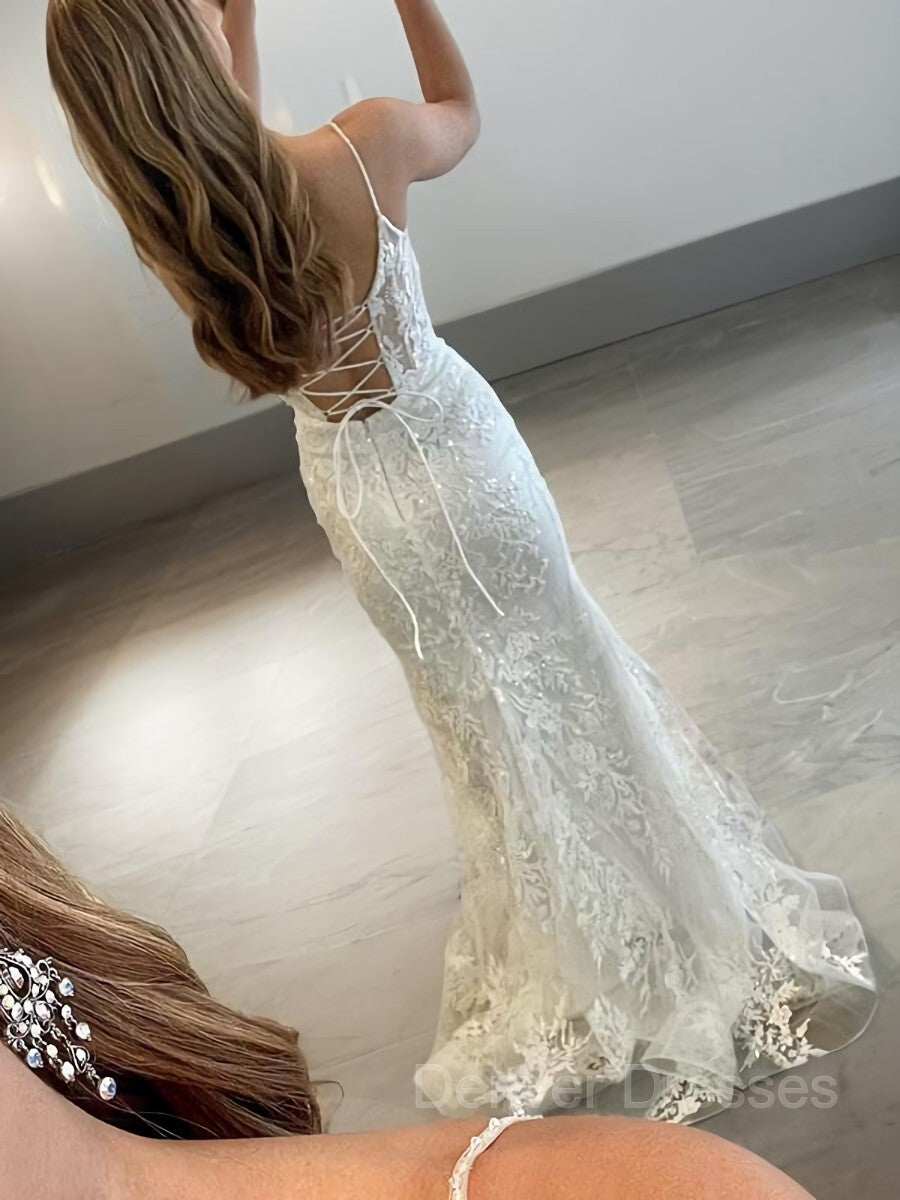 Bridesmaids Dresses Idea, Sheath/Column Spaghetti Straps Sweep Train Tulle Prom Dresses With Appliques Lace