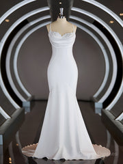 Wedding Dresses Long, Sheath/Column Square Court Train Stretch Crepe Wedding Dresses with Ruffles