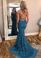 Prom Dresses Styles, Sheath/Column Square Neckline Sleeveless Court Train Lace Prom Dress With Appliqued