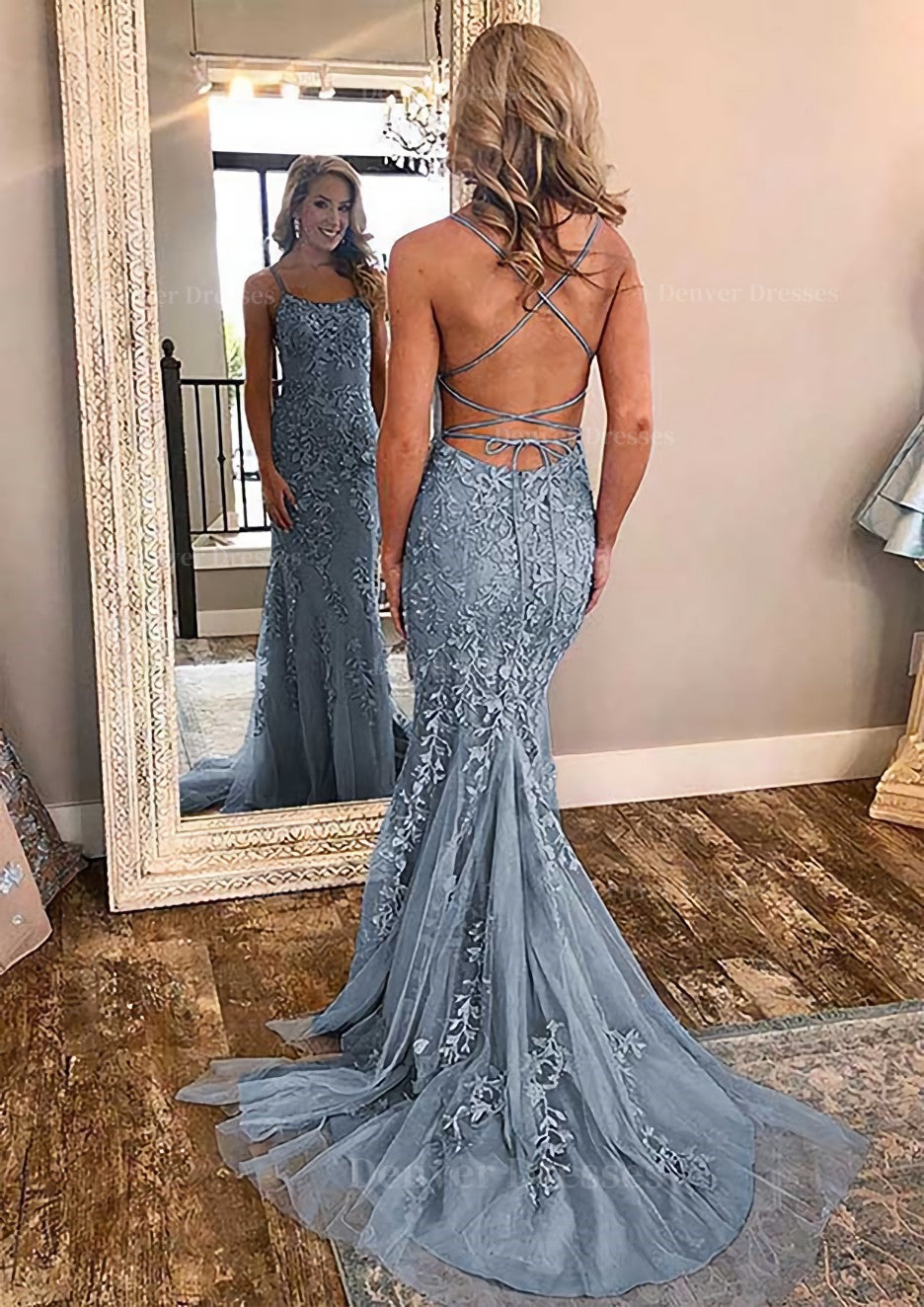Prom Dresses On Sale, Sheath/Column Square Neckline Sleeveless Court Train Lace Prom Dress With Appliqued
