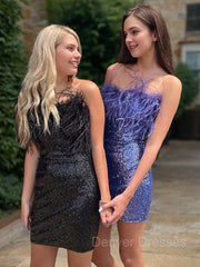 Bridesmaids Dress Designers, Sheath/Column Strapless Short/Mini Sequins Homecoming Dresses With Feather