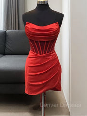 Homecoming Dress Fitted, Sheath/Column Strapless Short/Mini Silk like Satin Homecoming Dress
