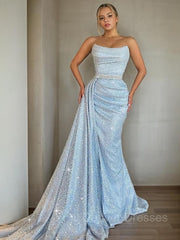 Prom Dresses With Sleeves, Sheath/Column Strapless Sweep Train Prom Dresses With Ruffles