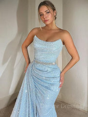 Prom Dresses Blue, Sheath/Column Strapless Sweep Train Prom Dresses With Ruffles
