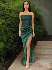 Prom Dress Beautiful, Sheath/Column Strapless Sweep Train Sequins Prom Dresses With Leg Slit