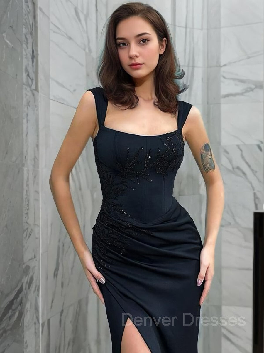 Prom Dress Corset, Sheath/Column Straps Floor-Length Satin Evening Dresses With Leg Slit