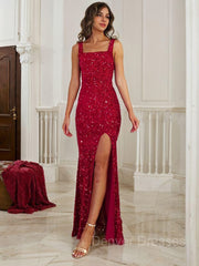 Formal Dresses Wedding Guest, Sheath/Column Straps Floor-Length Velvet Sequins Prom Dresses With Leg Slit