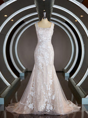 Wedding Dresses Casual, Sheath/Column Straps Sweep Train Lace Wedding Dresses with Appliques Lace