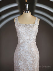 Wedding Dress Sexy, Sheath/Column Straps Sweep Train Lace Wedding Dresses with Appliques Lace
