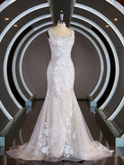 Wedding Dress Hire Near Me, Sheath/Column Straps Sweep Train Lace Wedding Dresses with Appliques Lace