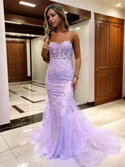 Formal Dress Fall, Sheath/Column Sweetheart Court Train Tulle Prom Dresses With Appliques Lace
