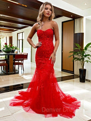 Formal Dresses Fall, Sheath/Column Sweetheart Court Train Tulle Prom Dresses With Appliques Lace