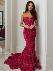 Formal Dress For Party Wear, Sheath/Column Sweetheart Court Train Velvet Sequins Prom Dresses With Ruffles