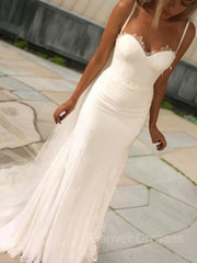 Wedding Dresses On A Budget, Sheath/Column Sweetheart Sweep Train Lace Wedding Dresses