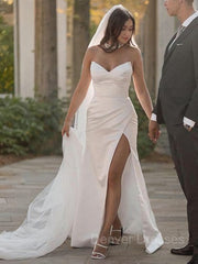 Wedding Dress Idea, Sheath/Column Sweetheart Sweep Train Satin Wedding Dresses With Leg Slit