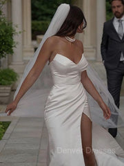 Wedding Dresses Ideas, Sheath/Column Sweetheart Sweep Train Satin Wedding Dresses With Leg Slit