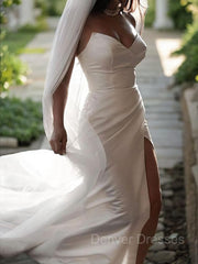 Wedding Dress With Covered Back, Sheath/Column Sweetheart Sweep Train Satin Wedding Dresses With Leg Slit