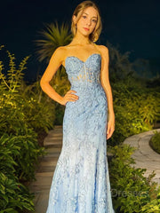 Prom Dresses Cheap, Sheath/Column Sweetheart Sweep Train Tulle Prom Dresses With Appliques Lace