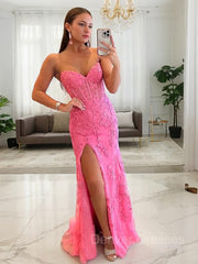 Bachelorette Party Games, Sheath/Column Sweetheart Sweep Train Tulle Prom Dresses With Leg Slit