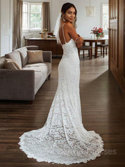 Wedding Dresses Deals, Sheath/Column V-neck Court Train Lace Wedding Dresses