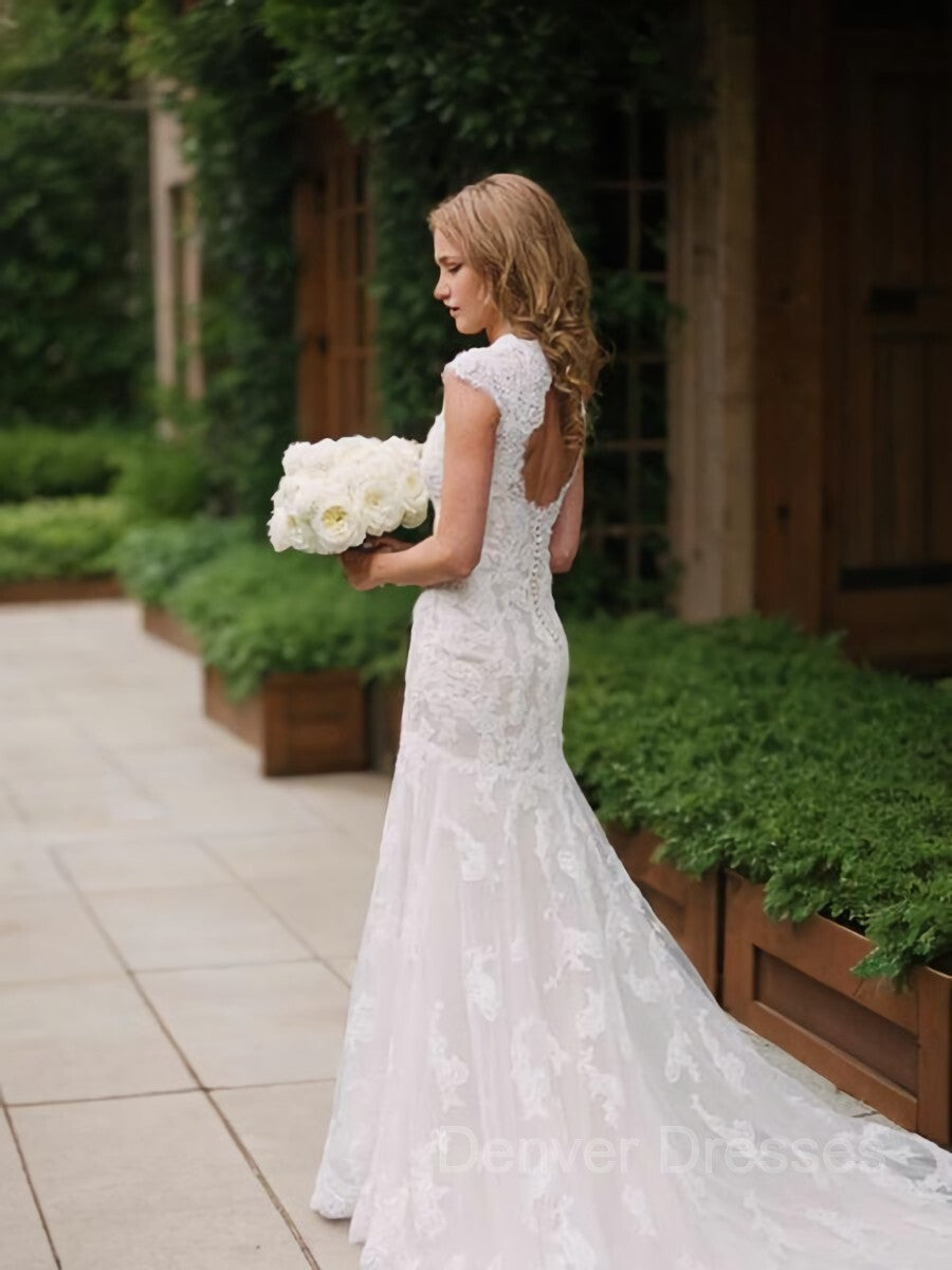 Wedding Dress With Long Sleeves, Sheath/Column V-neck Court Train Lace Wedding Dresses With Appliques Lace