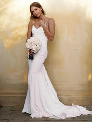 Wedding Dress Gown, Sheath/Column V-neck Court Train Stretch Crepe Wedding Dresses