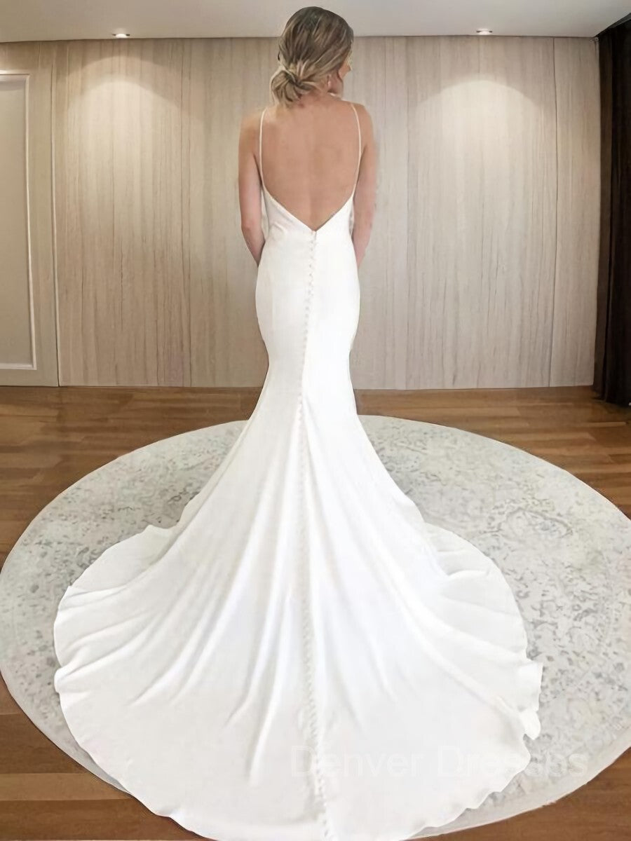 Wedding Dresses Inspo, Sheath/Column V-neck Court Train Stretch Crepe Wedding Dresses
