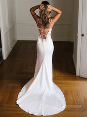 Wedding Dress Stores, Sheath/Column V-neck Court Train Stretch Crepe Wedding Dresses With Leg Slit
