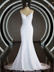 Wedding Dresses Inspiration, Sheath/Column V-neck Court Train Stretch Crepe Wedding Dresses with Ruffles