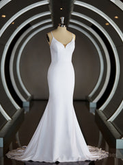 Wedding Dress V Neck, Sheath/Column V-neck Court Train Stretch Crepe Wedding Dresses with Ruffles