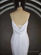 Wedding Dresses Silk, Sheath/Column V-neck Court Train Stretch Crepe Wedding Dresses with Ruffles