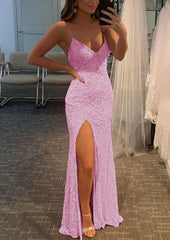 Bridesmaid Dress Shopping, Sheath/Column V Neck Spaghetti Straps Long/Floor-Length Velvet Sequins Prom Dress With Split