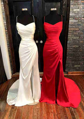 Homecoming Dresses Black Girl, Sheath/Column V Neck Spaghetti Straps Sweep Train Satin Prom Dress With Pleated Split